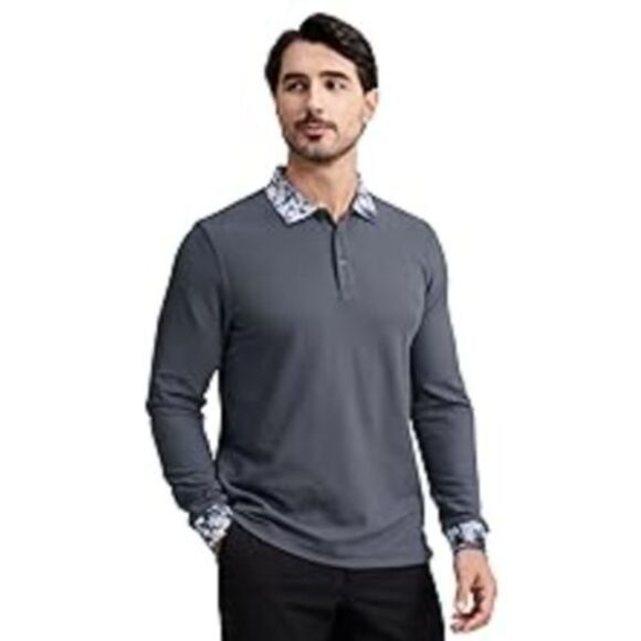 Long Sleeve Polo Gray Layered Look Hawaiian Style Breathable Comfort XXL - Picture 6 of 7